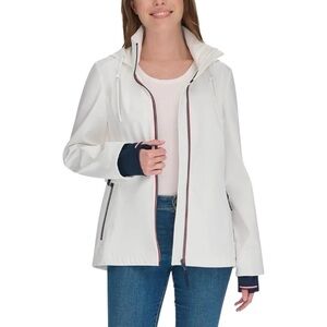 New Tommy Hilfiger Women's White Red Blue Hooded Rain Windbreaker Jacket XXL